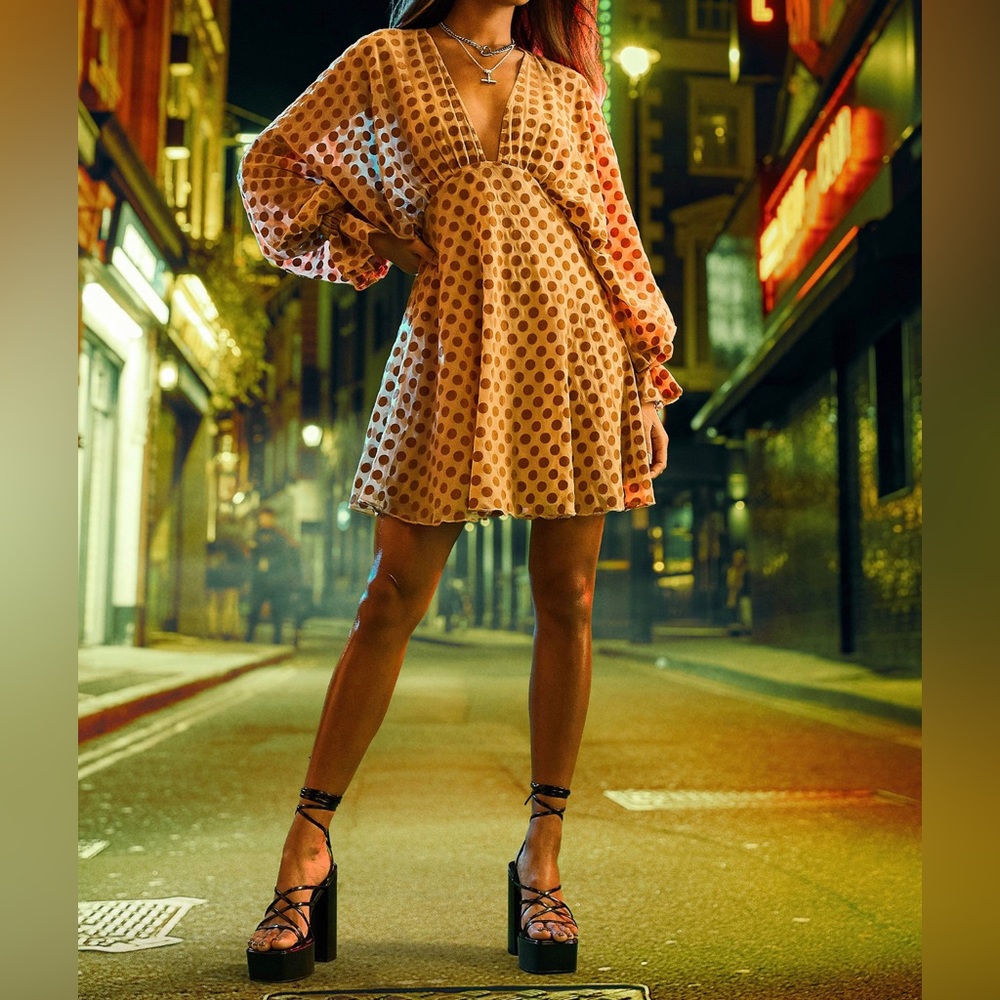 Velvet flocked spot mini dress with blouson sleeve and elasticated cuff